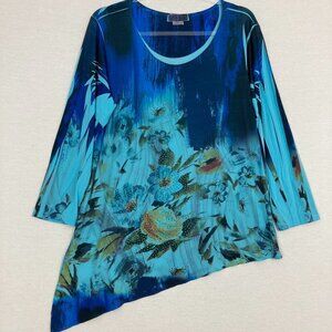 Pretty Woman Blue Floral Asymmetric Hem Stretch Embellished Pullover Tunic XL
